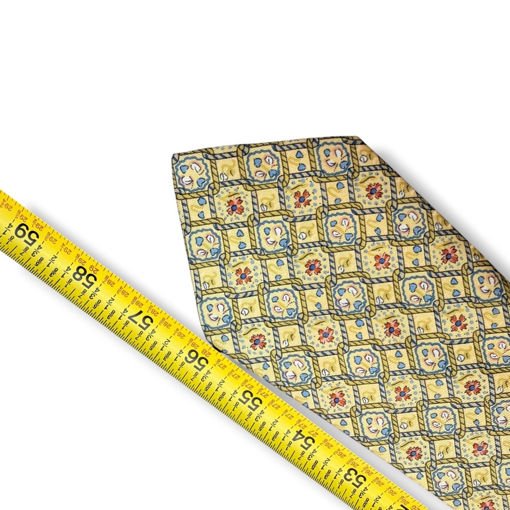 Hermes Tie Mens OS Yellow Blue Silk Geometric Rope Floral 7583 SA Made in France - Picture 4 of 5